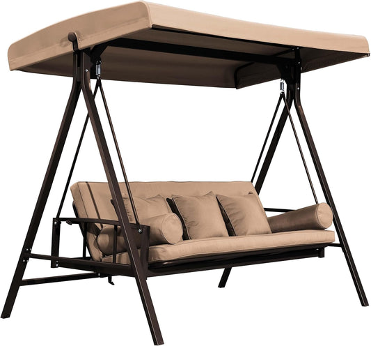 PURPLE LEAF Outdoor Patio Porch Swing Adjustable Backrest, 3-seat Swing Chair with Weather Resistant Steel Frame for Backyard Front Porch Lawn, Cushion and Pillows Included, Beige-VerdiqueGarden