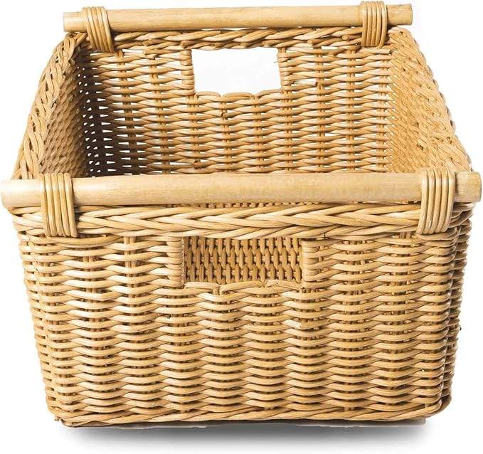 The Basket Lady Pole Handle Wicker Storage Basket, Medium, 16 in L x 12 in W x 8.25 in H, Sandstone-VerdiqueGarden