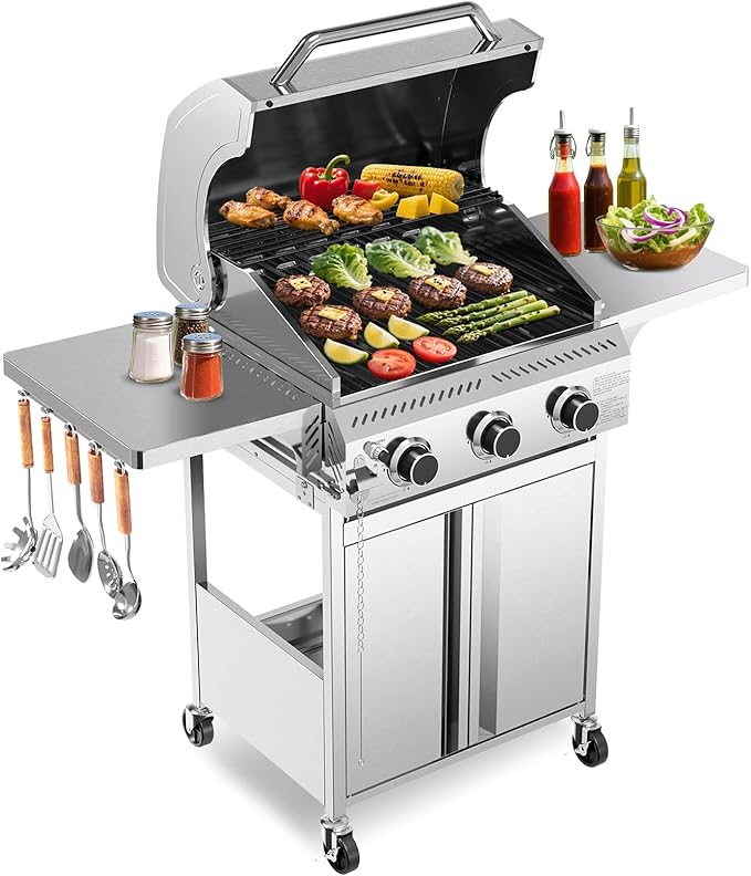 R.W.FLAME Stainless Steel Propane Gas Grill, 3 Burner 24000BTU BBQ Grills, Foldable Side Table, Enamel Wire Grate, Removable Grease Tray, Barbecue Grill for Outdoor Cooking, Backyard, Patio, Deck-VerdiqueGarden