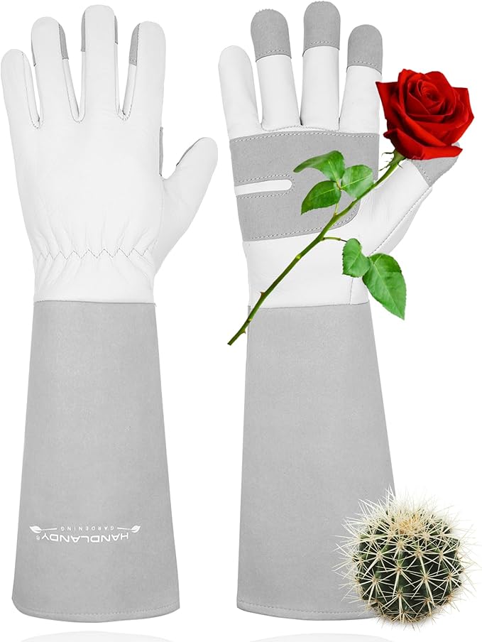 HANDLANDY Long Gardening Gloves for Men & Women, Thorn Proof Rose Pruning Gloves Leather Gauntlets Garden Glove Yard Work Glove (Medium, Grey)-VerdiqueGarden