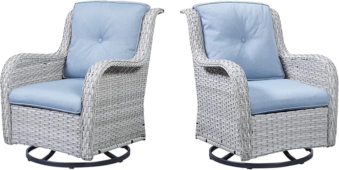 Outdoor Swivel Rcoker Patio Chairs - Outdoor Swivel Patio Chairs Set of 2 Wicker Chair Patio Furniture Sets with Covered Cushion for Porch Deck Balcony Garden, Baby Blue-VerdiqueGarden