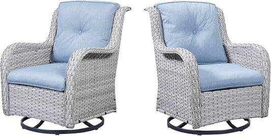 Outdoor Swivel Rcoker Patio Chairs - Outdoor Swivel Patio Chairs Set of 2 Wicker Chair Patio Furniture Sets with Covered Cushion for Porch Deck Balcony Garden, Baby Blue-VerdiqueGarden