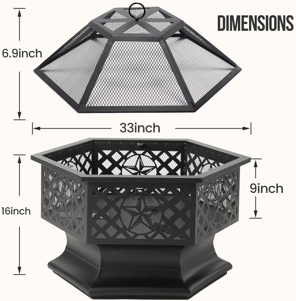 33 Inch Outdoor Fire Pit, Hexagon Shaped Wood Burning Fire pits for Outside, Metal Firepit with Fire Poker&Mesh Cover for Bonfire, Patio, Yard, Garden,Beach and Camping (33'' Black)-VerdiqueGarden