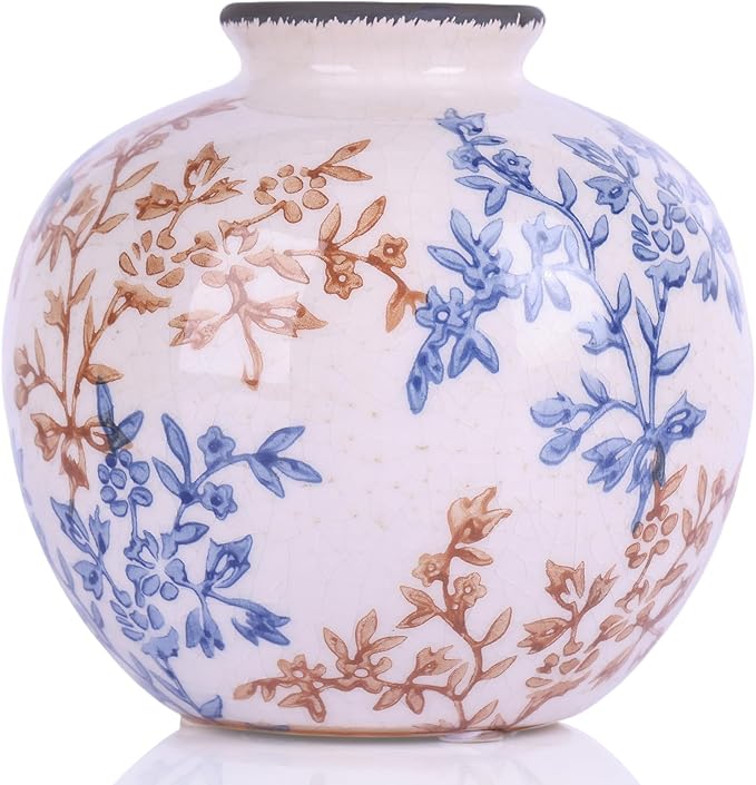 Blue-and-White Vintage Round vase, Chinese-Style Porcelain Blue vase, Suitable for Home Decor, Living Room Coffee Table, Office, Rustic Farmhouse Dining Table Centerpiece, and Tabletop Decoration.-VerdiqueGarden