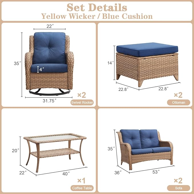 Wicker Outdoor Furniture Patio Furniture Set - 6 Piece Patio Conversation Set with Swivel Rocker Chairs, Loveseat Sofa, Ottomans and Coffee Table, Blue Cushion-VerdiqueGarden