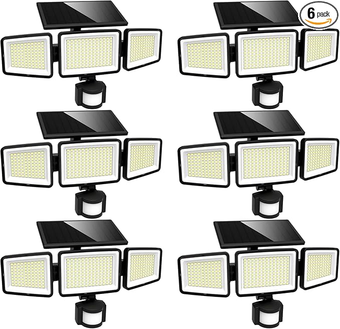 UME Solar Outdoor Lights 302 LED 3000LM, IP65 Waterproof Motion Sensor Outdoor Lights, 3 Heads Solar Security Flood Lights 270 Wide Lighting Angle with 3 Modes for Garden Patio Yard - 6 Pack-VerdiqueGarden