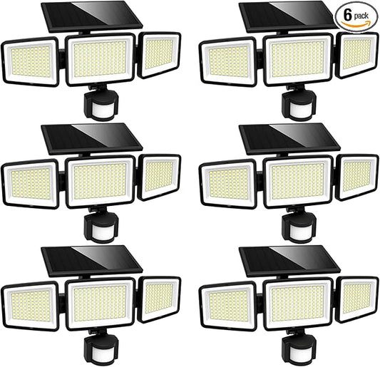 UME Solar Outdoor Lights 302 LED 3000LM, IP65 Waterproof Motion Sensor Outdoor Lights, 3 Heads Solar Security Flood Lights 270 Wide Lighting Angle with 3 Modes for Garden Patio Yard - 6 Pack-VerdiqueGarden