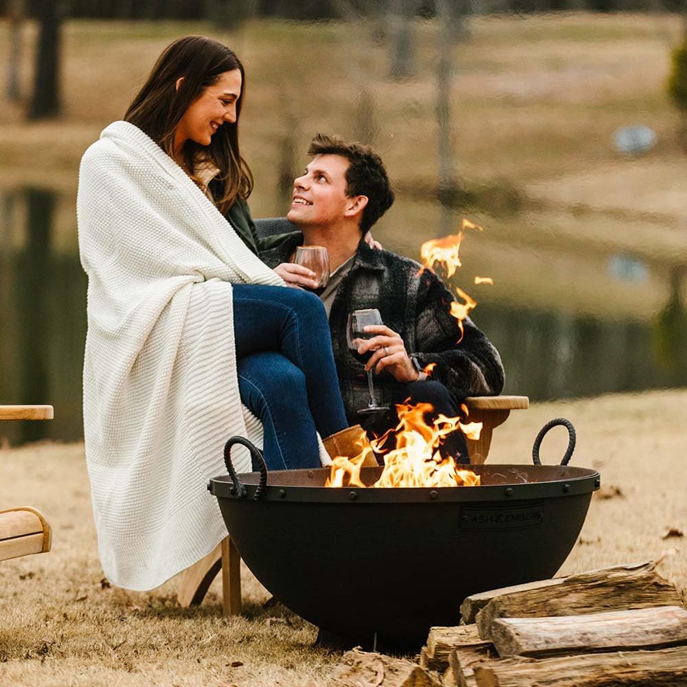 Ash & Ember 32in Hemisphere Fire Pit with Screen and Poker, Cast Iron High-Temperature Black Paint Fire Bowl, Wood Burning Backyard Fireplace, Portable Outdoor Firepit-VerdiqueGarden