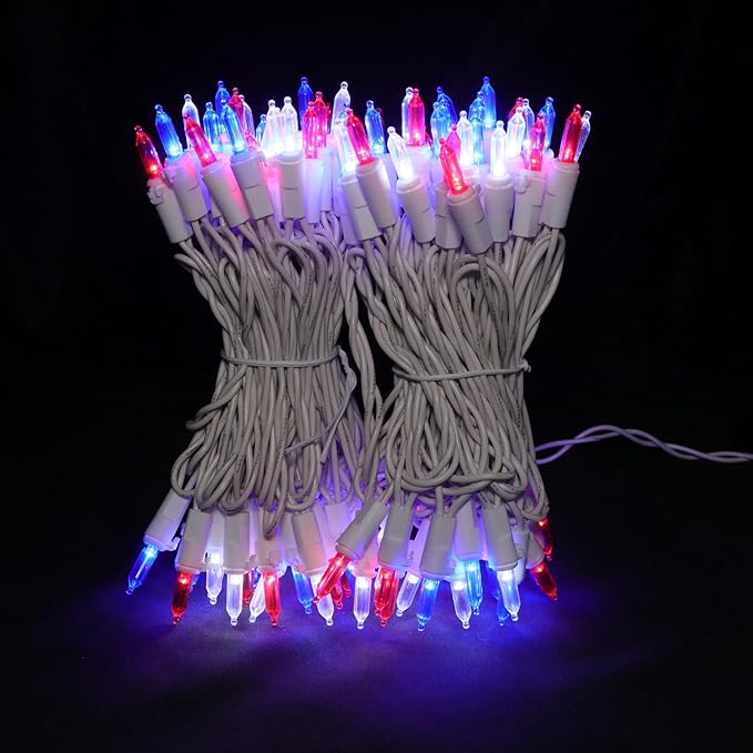 Red White and Blue Christmas LED Lights - 2 Pack 100 Count 4th of July Mini String Lights for Tree, Party, Memorial Day Decorations, 2 Sets 33 Feet White Wire, UL Certified, Connectable-VerdiqueGarden