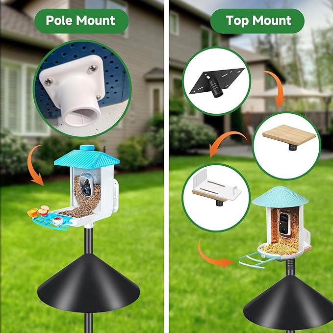 Smart Bird Feeder Pole Stand 79In,Adjustable Height Metal Bird House Pole for Outdoor Garden with Multiple Mounting Options (Black, Round Squirrel Baffle - High 79in)-VerdiqueGarden
