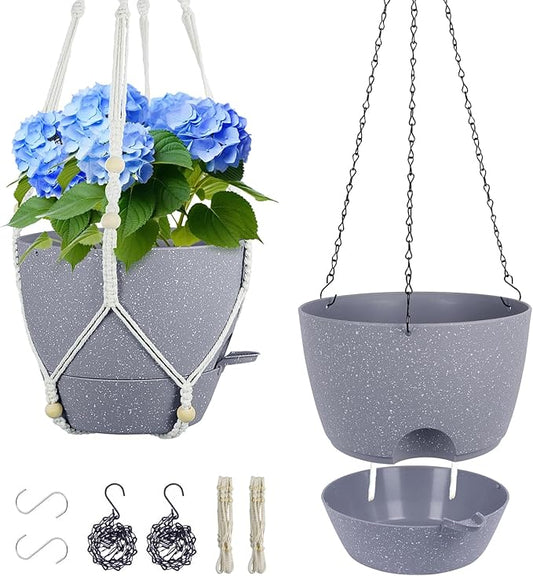 Self Watering Hanging Planters 10 inch, 2 Pack Hanging Flower Pots for Indoor Outdoor Plants, Hanging Baskets with Drainage Holes & 2 Kinds of Plant Hangers for Garden Decor, Speckled Grey-VerdiqueGarden