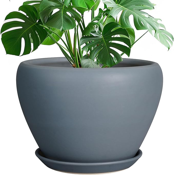 10 Inch Plant Pot - Ceramic Planter for Indoor Plants Large Plant Pot with Drainage Hole and Saucer Round Outdoor Planter Modern Flower Pot for Home Decor Gray-VerdiqueGarden