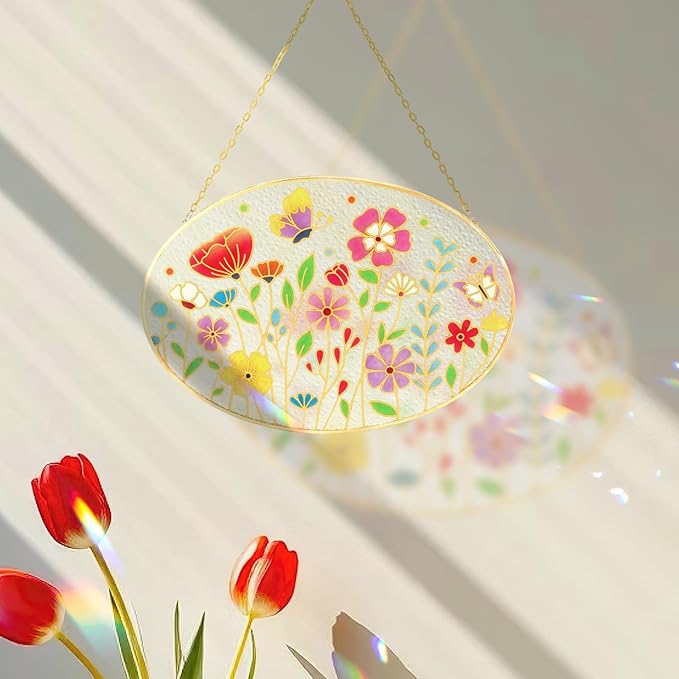 Tuitessine Wild Flower Stained Glass Suncatcher Colorful Flowers Window Wall Hanging Ornament Indoor Hand-Painted Glass Panel Spring Decor Mother’s Day Teacher Appreciation Gift 9.5" x 6.7"-VerdiqueGarden
