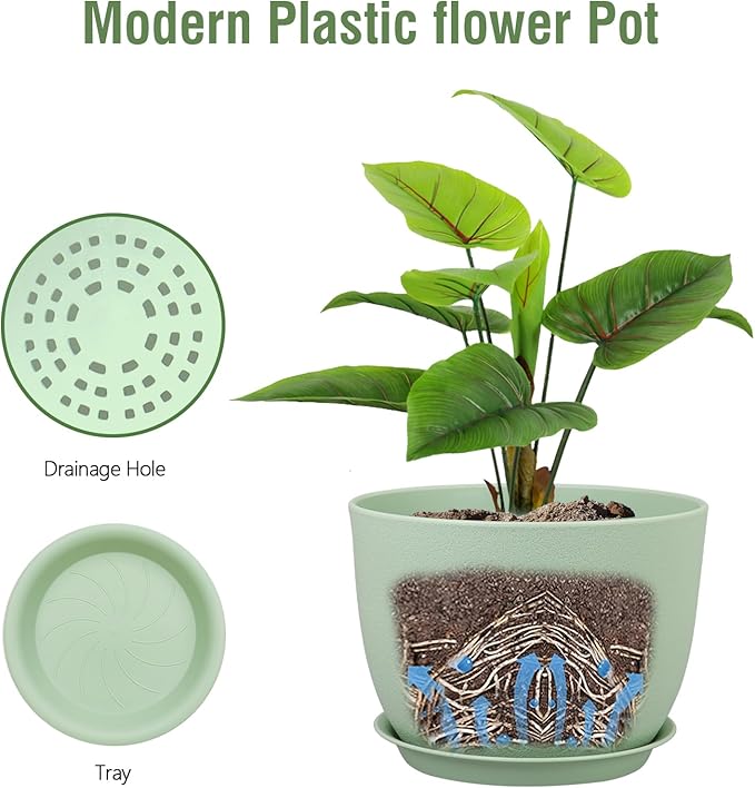 12 inch Big Plant Pots, Plastic Planters with Drainage Holes and Trays, Flower Pots for Indoor Outdoor Plants, Modern Decorative Pots for Garden House Plants, Green-VerdiqueGarden