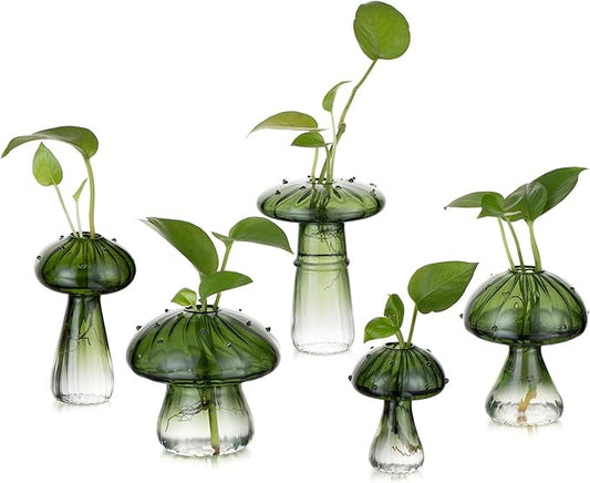 Glasseam Mushroom Plant Propagation Stations: Green Glass Terrarium Jar Set of 5 Cute Planters for Indoor Plants Mini Propagate Station Unique Christmas Birthday Gifts for Women Home Office Decor-VerdiqueGarden
