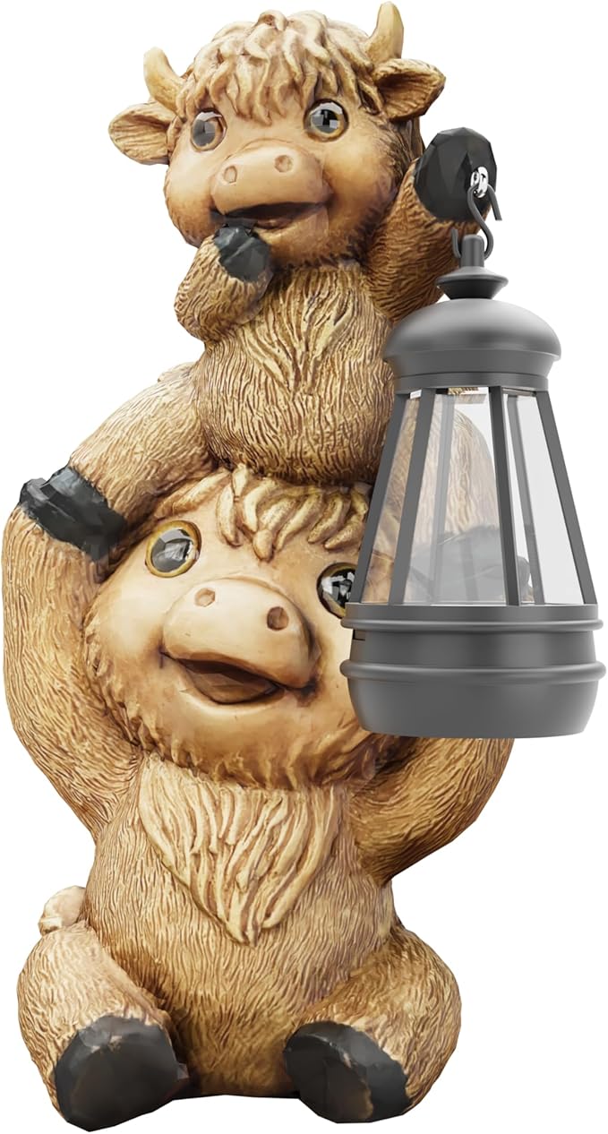 Highland Cow Statues with Solar Lights, Highland Cow Resin Figurine Lights, Highland Cow Ornaments for Patio, Balcony, Indoor Decoration and as Gifts-VerdiqueGarden