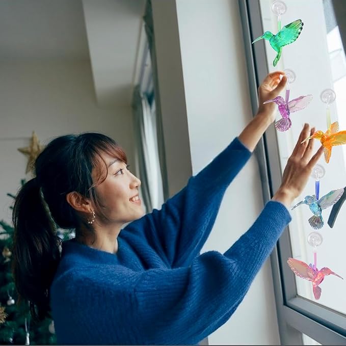 6 Pcs in 6 Colors Set Shiny Iridescent Hummingbird Hanging Ornaments with Suction Cup, Clear Acrylic Crystal Art Hummingbird Figurines Pendants Decorations for Christmas Xmas Tree.-VerdiqueGarden