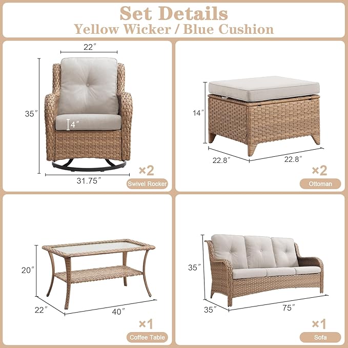 Wicker Outdoor Furniture Patio Furniture Set - 6 Piece Patio Conversation Set with Swivel Rocker Chairs, Rattan Sofa, Ottomans and Coffee Table, Beige Cushion-VerdiqueGarden