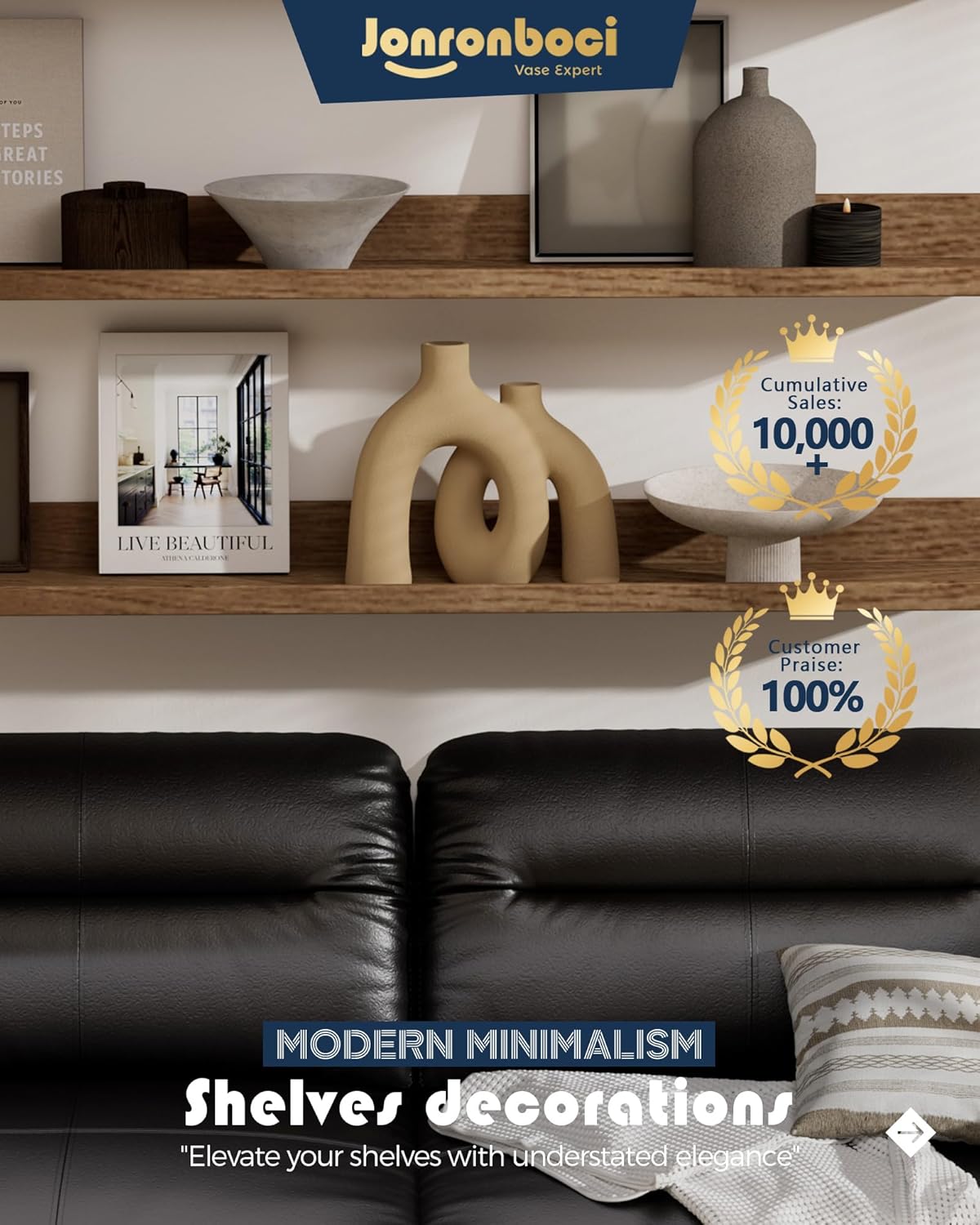 Hug Donut Decorative Vase Set - Tan Modern Rustic Farmhouse Style Vases Home Decor,Matte Ceramic Decorations for Living Room Shelf, Bookshelf Mantle Entryway Table Centerpiece or Console Décor(Brown)-VerdiqueGarden