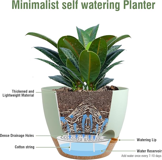 12 inch Large Self Watering Pots, Plant Pots with Mesh Drainage Holes for Indoor Outdoor Plants, Plastic Planters with Deep Reservoir for Garden House Flower Plants, Green with Brown-VerdiqueGarden
