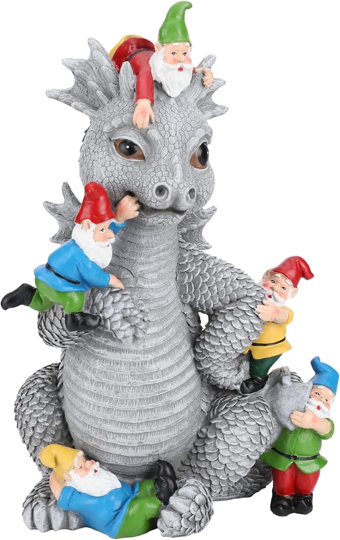 Dragon Gnome Statues Outdoor Decor, 13” Dinosaur Play with Gnomes Garden Statue, Outdoor Statue for All Season Lawn Decor, Garden Decoration, Gardening Gift-VerdiqueGarden