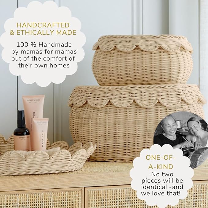 BEBE BASK Large Scalloped Basket Set Of 3 - Hand-Woven & Award-Winning Scallop Basket - XL - Extra Large for Blankets 22 x 16 x 10 In - Elegant Wicker With Scalloped Edge Lid (Natural)-VerdiqueGarden