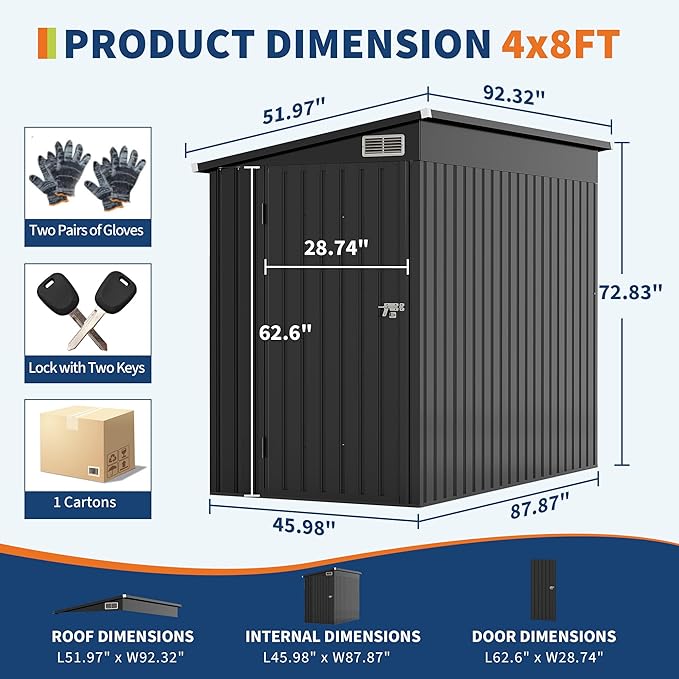 4x8 FT Metal Outdoor Lean to Storage Shed, Lean to Garden Shed Utility Tool Shed, Heavy-Duty Outdoor Metal Wall Side Storage Sheds-VerdiqueGarden