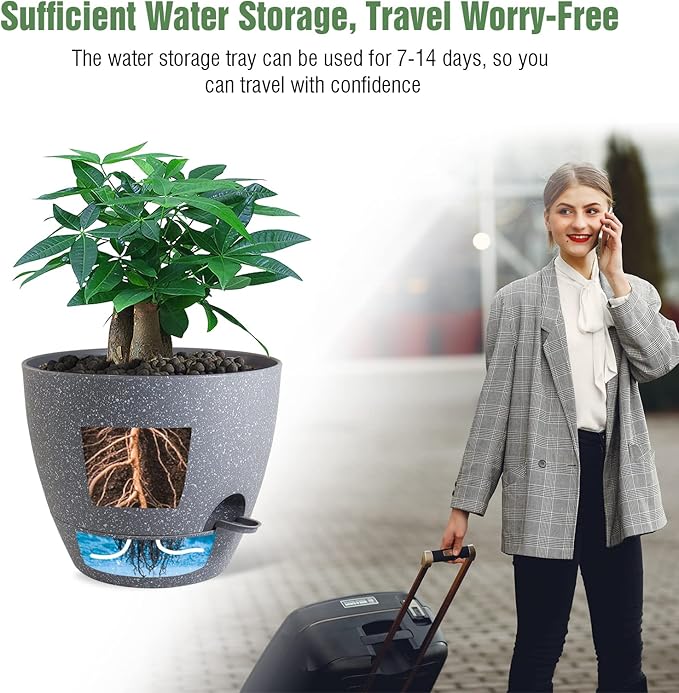 12 inch Large Self Watering Pots, Plastic Planters with 60oZ Removable Deep Reservoir and Multi Mesh Drainage Holes for Indoor Outdoor Garden Plants and Flowers, Grey Speckles-VerdiqueGarden