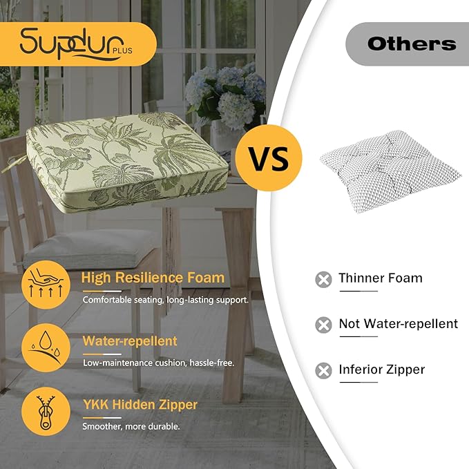 Outdoor Square Corner Seat Cushion, 18.5"x16"x3", Set of 4, Non Slip Seat Cushion Pads with Removable Cover for Patio Furniture, Garden Yard Lawn, Dark Green Vine-VerdiqueGarden