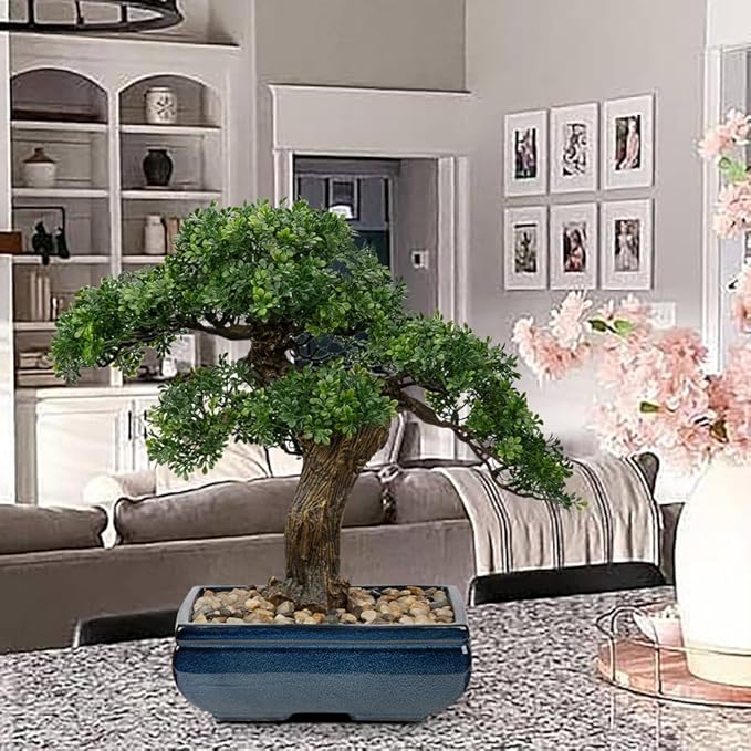 Artificial Bonsai Tree Juniper Faux Plants Indoor Fake Plants Decor with Blue Square Ceramic Pots for Home Table Office Desk Bathroom Shelf Bedroom Living Room Farmhouse Decorations-VerdiqueGarden