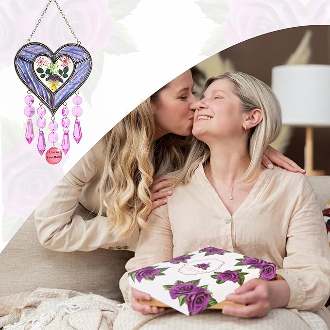 Gifts for Mom Suncatcher Heart Shaped I Love You Mom - Colored Glass Light Catcher Hanging Wind Chime Decorations Window Gifts Mother's Day Valentine's Day Birthday Christmas (Purple)-VerdiqueGarden