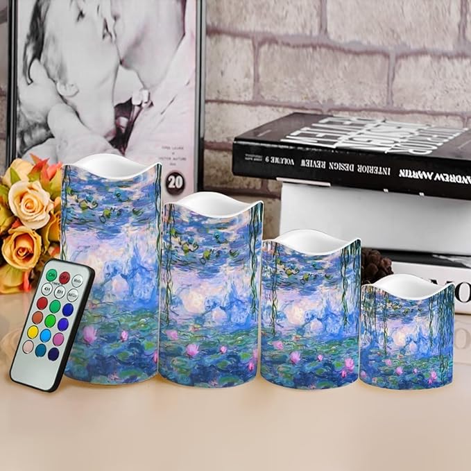 Ystardream Monet's Water Lily Flameless Candles with Timer Led Candles Flickering 4 Candle Sets for Home Decor,18 Key Remote Control，Dancing Flame, True Wax, Battery Powered.-VerdiqueGarden