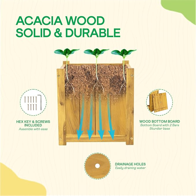 IDZO Set of 2 Acacia Wood Flower Planters for Outdoor Plants, Ergonomic Handles, Drainage Holes, Various Sizes, Ideal for Home Décor, Golden Teak-VerdiqueGarden
