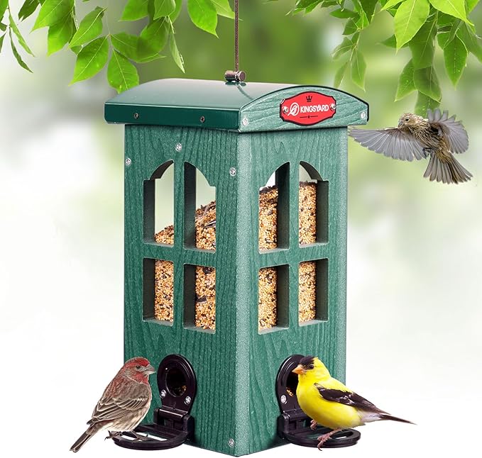 Kingsyard Upgraded Rainproof Bird Feeder for Outdoor Hanging - Metal Feeding Port, Recycled Plastic Wild Bird Feeder with Metal Mesh Tray for Goldfinch Small Bird, Garden Yard Decoration, Green-VerdiqueGarden