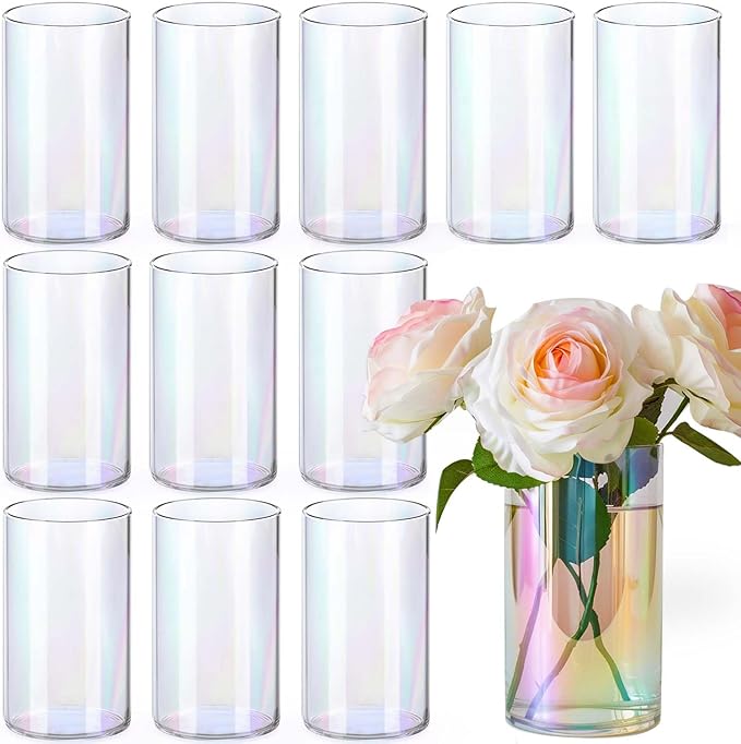 12pc Glass Cylinder Bud Vases for Centerpieces,6 inch Tall Irised Crystal Clear Flower Vases in Bulk,Hurricane Glass Candle Holders for Table Centerpiece Formal Dinners Home Decor-VerdiqueGarden
