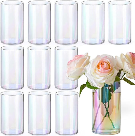 12pc Glass Cylinder Bud Vases for Centerpieces,6 inch Tall Irised Crystal Clear Flower Vases in Bulk,Hurricane Glass Candle Holders for Table Centerpiece Formal Dinners Home Decor-VerdiqueGarden