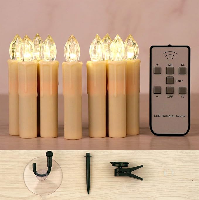 Set of 10 Ivory Flameless Window Candles, 4”H Battery Operated LED Flickering Taper Candles with Remote and Timer, Warm White Candlelight, Ideal for Chandelier/Birthday/Christmas/Party Decor-VerdiqueGarden