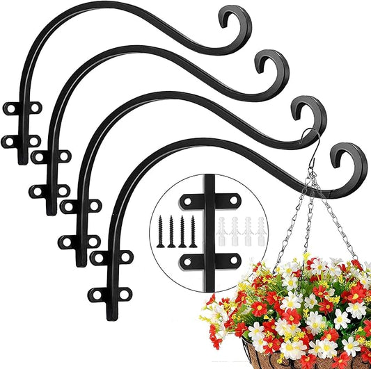 4 Pack Heavy Duty Plant Hanger Bracket, 12Inch Hanging Brackets for Plants Outdoor and Indoor, 80lbs Holding Capacity Metal Plant Wall Hooks, Black Hanging Plant Brackets for Flower Wind Bird Feeder-VerdiqueGarden