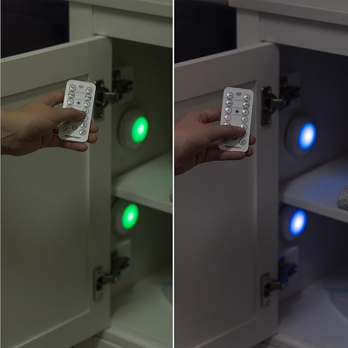 Amazon Basics LED Puck Lights, Color Changing, Battery Operated, IR Remote, 40 Lumens, 2 Pack, Wireless Stick on Lights, Under Cabinet Lighting, Ideal for Closets, and More, White-VerdiqueGarden