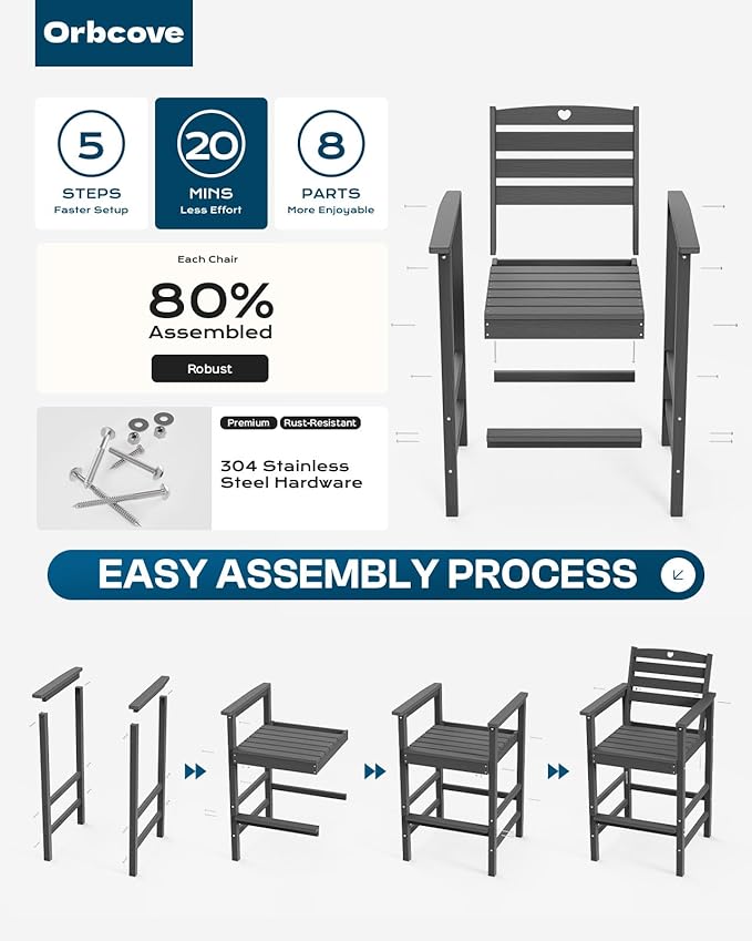 5-Piece Bar Height Outdoor Table and Chairs Set, HDPE Wood Grain Patio Bar Table and Chairs with Heart Cutout Design, Weather-Resistant Bar Height Furniture for Deck, Porch, Pool (Grey)-VerdiqueGarden