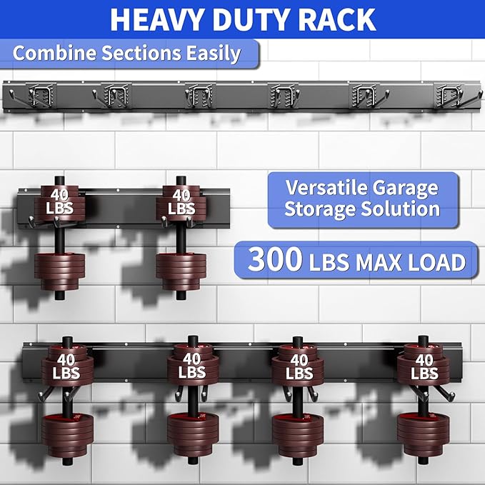 Garage Organization Tool Organizer Wall Mount, 48inch Heavy Duty Garden Tool organizer Storage System, Easy Install With 6 Adjustable Straight Hooks, For Garage, Basement, Shed, Workshop(Black)-VerdiqueGarden