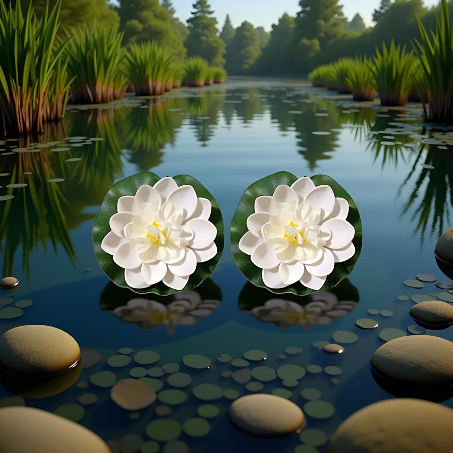 6 Pcs White Artificial Lotus Flowers Large Floating Lotus Faux Water Lily Flowers Fish Pond Artificial Plants with Artificial Lily Pads, Artificial Plants, Lotus Flower, Decorations-VerdiqueGarden