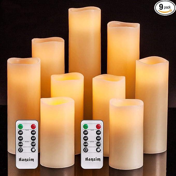 Flameless Flickering Battery Operated Candles 4" 5" 6" 7" 8" 9" Set of 9 Ivory Real Wax Pillar LED Candles with 10-Key Remote and Cycling 24 Hours Timer (Ivory)-VerdiqueGarden