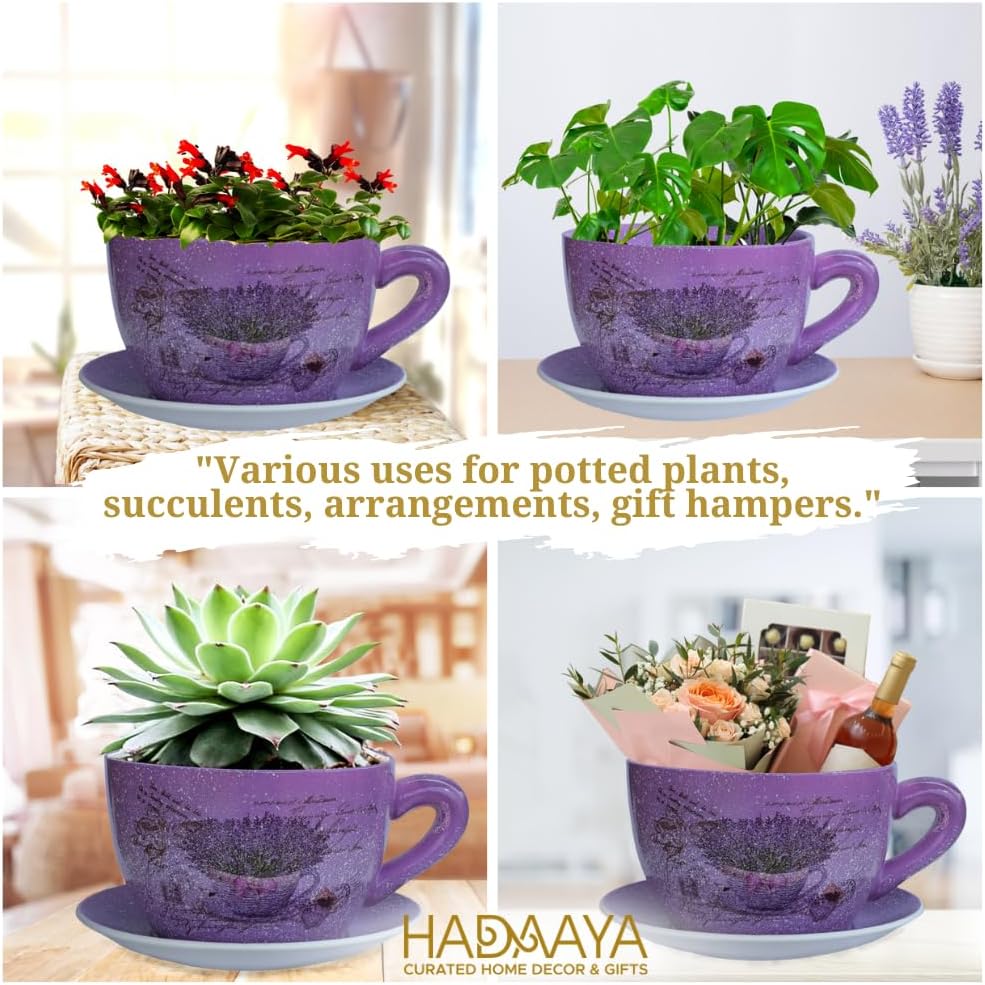 7.5” Round Ceramic Teacup Planter with Saucer – Purple Lavender Basket Design Pot for Succulents, Orchid, Herbs & Indoor/Outdoor Flowers for Birthday & Any Other Occasion-VerdiqueGarden