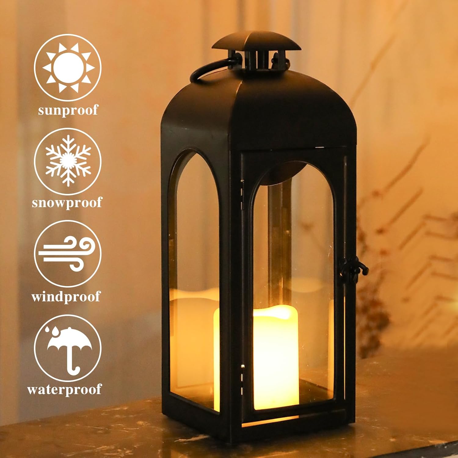 Bdor 2 Pack 16 Inches Metal and Tempered Glass Decorative Lantern with Electronic Wax Effect - Indoor/Outdoor Decorative Lighting, Handcrafted Aesthetic, Perfect for Home, Parties, and Holiday Decor-VerdiqueGarden