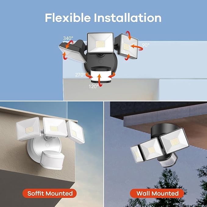 OREiN 10000LM Flood Lights Outdoor, 180°/75FT Motion Sensor Outdoor Lights 4 Modes Dimmable Dusk to Dawn Floodlights IP65 Waterproof for 8000SQ.FT Area for Big Patio, Driveway, Black (Hardwired)-VerdiqueGarden