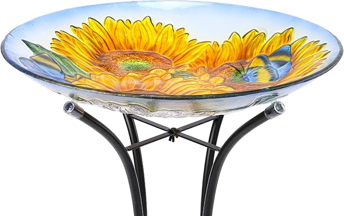 VCUTEKA Bird Baths for Outdoors, Glass Bird Bath with Metal Standing for Garden, Yards Patio Décor, Bird Lovers Gift, Sunflower Glass Birdbath Detachable (22" H * 18" W)-VerdiqueGarden