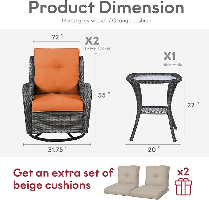 Outdoor Swivel Rocker Wicker Chairs Set of 3, High Back Swivel Patio Chairs Wicker Furniture Set, 2 PCS Rattan Swivel Rocking Chair with Side Table, Orange Cushion-VerdiqueGarden