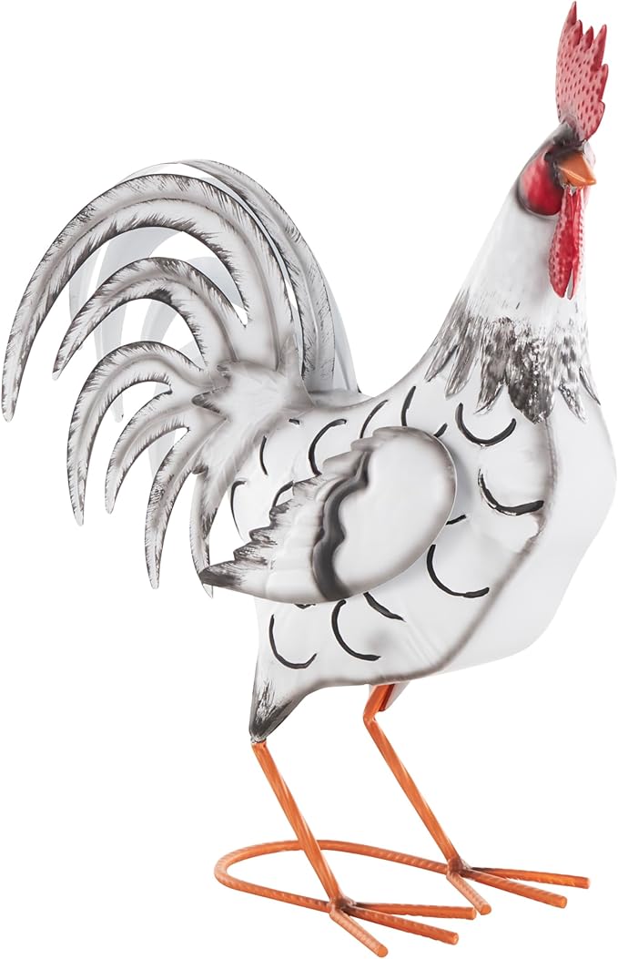 Deco 79 Metal Rooster Decorative Garden Sculpture Garden Statue with Black and Red Accents, Outdoor Sculpture 6" x 16" x 18", White-VerdiqueGarden