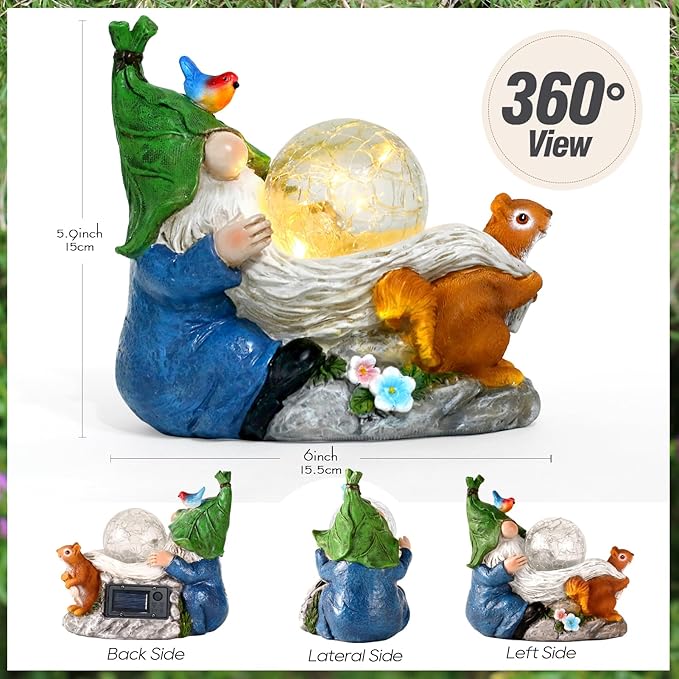 Garden Gnomes Statue Outdoor Decor,Solar Gnome Statue for Outside -Resin Blue Gnome Yard Art Gifts for Mom,Grandmam Birthday Gift-VerdiqueGarden